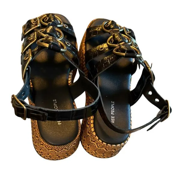 NIB Free People Amor Flatform Sandals Women's Size 9 M Black Gold Weave Platform