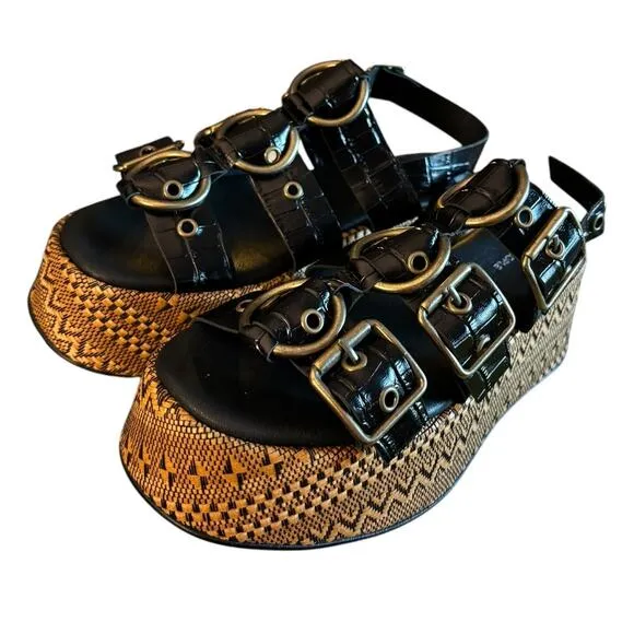 NIB Free People Amor Flatform Sandals Women's Size 9 M Black Gold Weave Platform