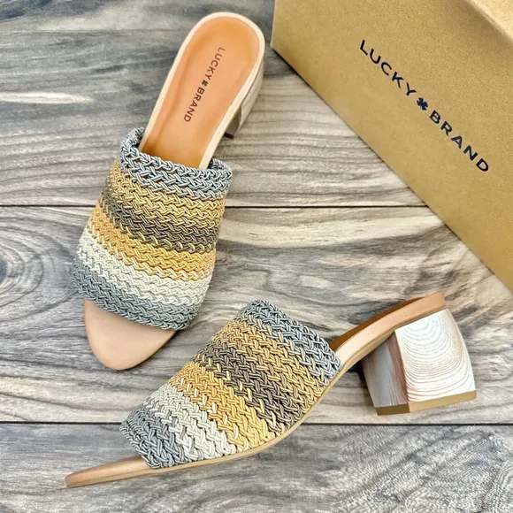 NIB Lucky Brand Nanssi 8.5M Multicolor Woven Crochet Mule Block Heel Sandals