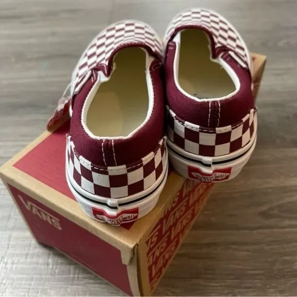 NIB Vans Checker Board Pomegranate Red Slip On Skate Shoe Sz 1 Little kid