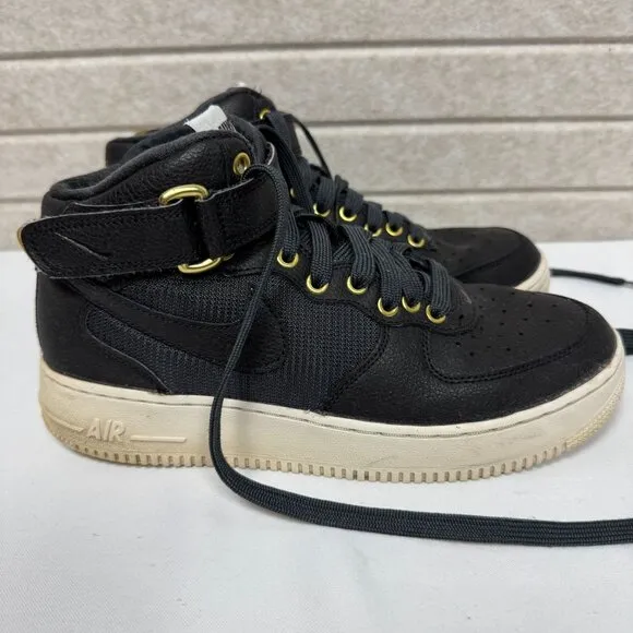 Nike Air Force 1 High Top Sneakers Black &amp; Gold Lace-Up &amp; Strap Shoes 6.5 Y