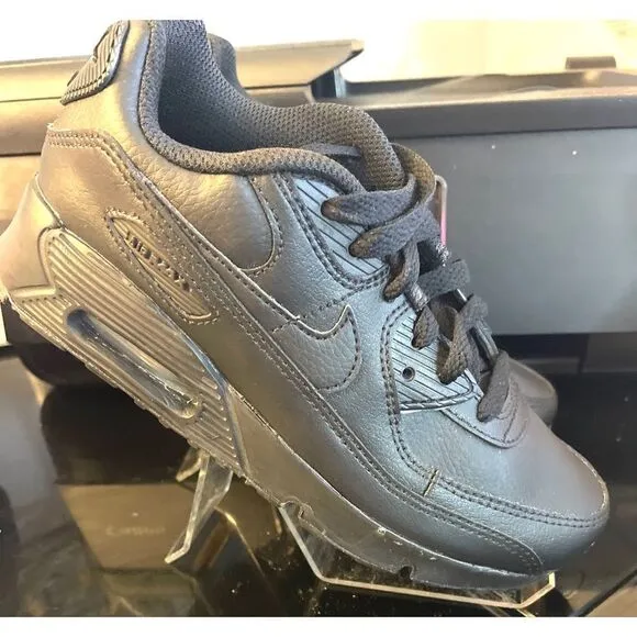 Nike Air Max 90 LTR Shoes Youth Boy 2Y Triple Black Leather Athletic Sneaker New