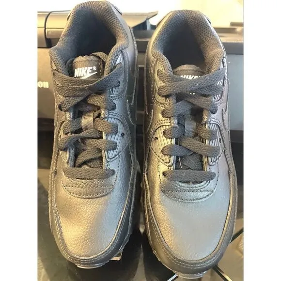 Nike Air Max 90 LTR Shoes Youth Boy 2Y Triple Black Leather Athletic Sneaker New