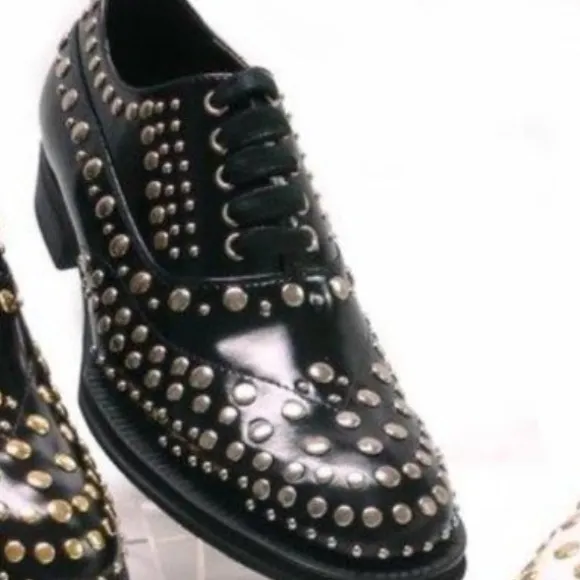 NWB Encore Fiesso GENUINE LEATHER BLACK SILVER Shoe  STUD FI6699