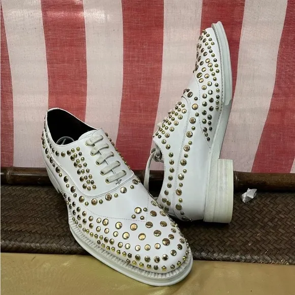 NWB Encore Fiesso LEATHER WHITE GOLD dress Shoe STUD FI6699 fashion flashy