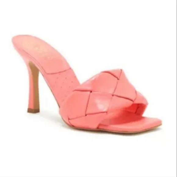 NWOT Vince Camuto Brelanie Woven Enne Leather Heeled Sandals in Malaga Coral