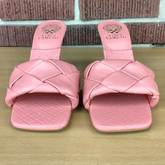 NWOT Vince Camuto Brelanie Woven Enne Leather Heeled Sandals in Malaga Coral
