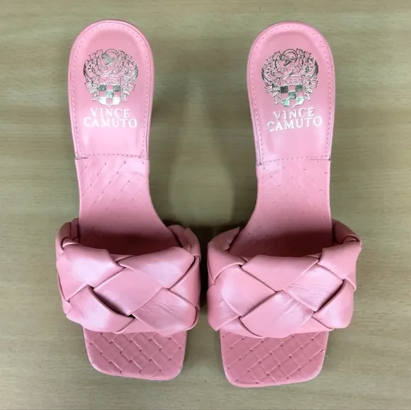NWOT Vince Camuto Brelanie Woven Enne Leather Heeled Sandals in Malaga Coral
