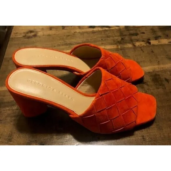 NWT $325 VERONICA BEARD KIELE CORAL WOVEN SUEDE SLIDE BLOCK HEEL US SIZE 5.5