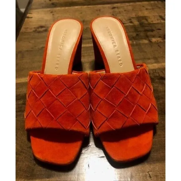 NWT $325 VERONICA BEARD KIELE CORAL WOVEN SUEDE SLIDE BLOCK HEEL US SIZE 5.5