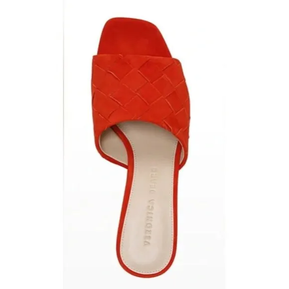 NWT $325 VERONICA BEARD KIELE CORAL WOVEN SUEDE SLIDE BLOCK HEEL US SIZE 5.5