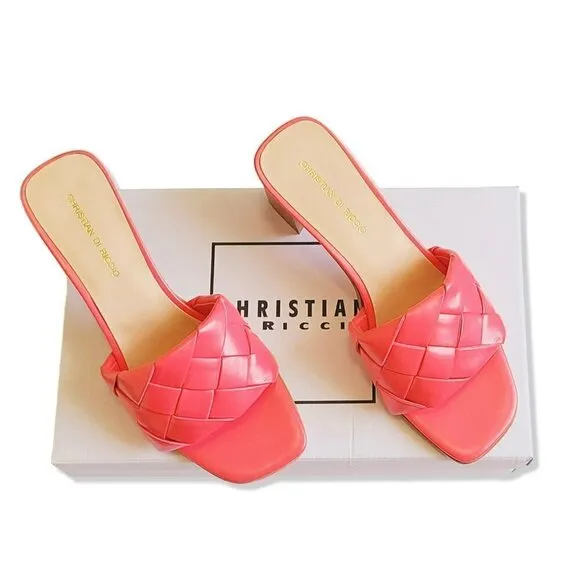 NWT CHRISTIAN DI RICCIO Italy Woven One Band Block Heel Slide on Sandals