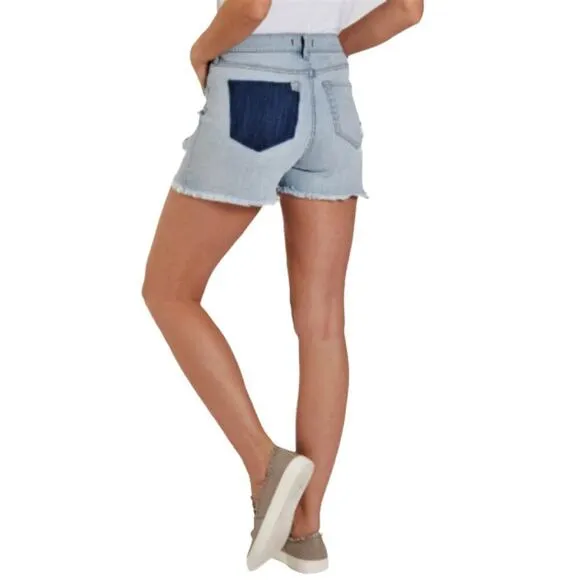 NWT DEAR JOHN Ava High Rise Raw Hem Missing Pocket Destructed Denim Shorts
