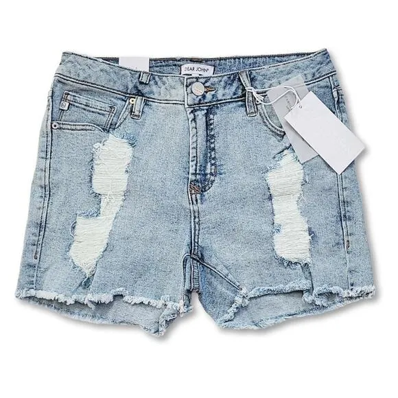 NWT DEAR JOHN Ava High Rise Raw Hem Missing Pocket Destructed Denim Shorts