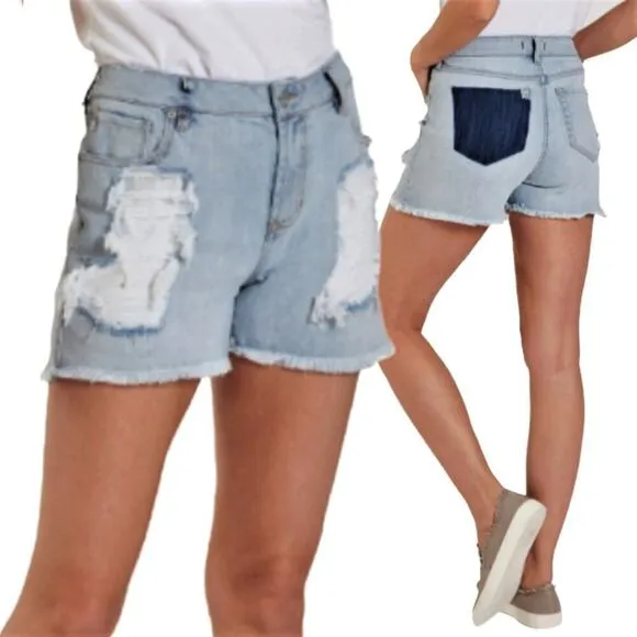 NWT DEAR JOHN Ava High Rise Raw Hem Missing Pocket Destructed Denim Shorts