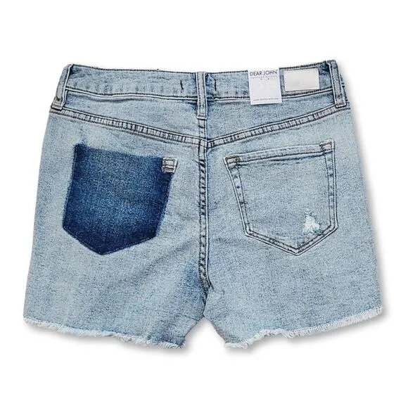 NWT DEAR JOHN Ava High Rise Raw Hem Missing Pocket Destructed Denim Shorts