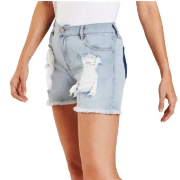 NWT DEAR JOHN Ava High Rise Raw Hem Missing Pocket Destructed Denim Shorts