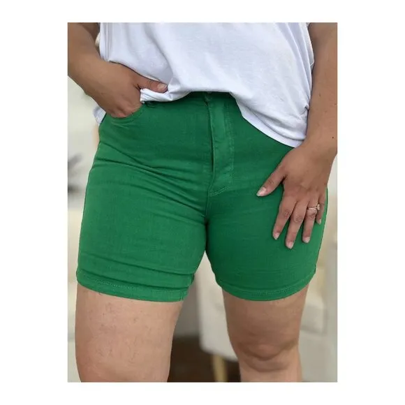 NWT Judy Blue Tummy Control High Waist Green Denim Shorts, Roll Cuff, Pockets
