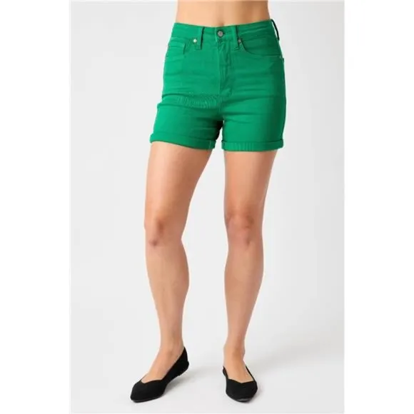 NWT Judy Blue Tummy Control High Waist Green Denim Shorts, Roll Cuff, Pockets