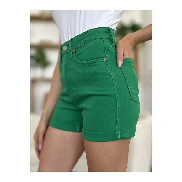 NWT Judy Blue Tummy Control High Waist Green Denim Shorts, Roll Cuff, Pockets
