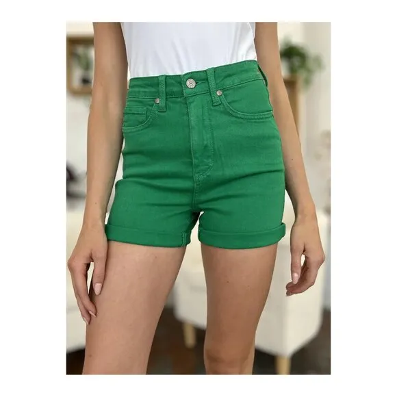 NWT Judy Blue Tummy Control High Waist Green Denim Shorts, Roll Cuff, Pockets