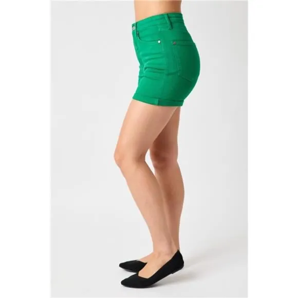 NWT Judy Blue Tummy Control High Waist Green Denim Shorts, Roll Cuff, Pockets