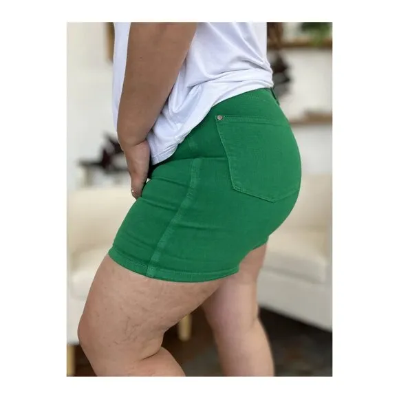 NWT Judy Blue Tummy Control High Waist Green Denim Shorts, Roll Cuff, Pockets