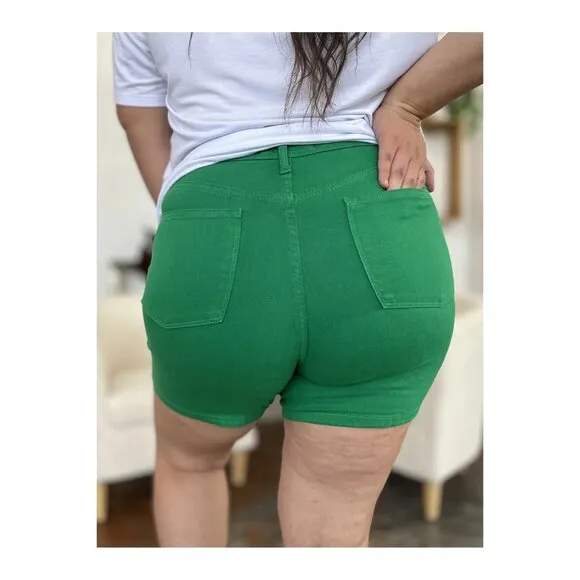 NWT Judy Blue Tummy Control High Waist Green Denim Shorts, Roll Cuff, Pockets
