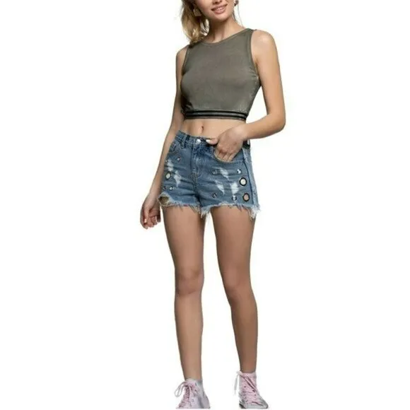 NWT POL Women's High Rise Destructed Frayed Hem Denim Shorts