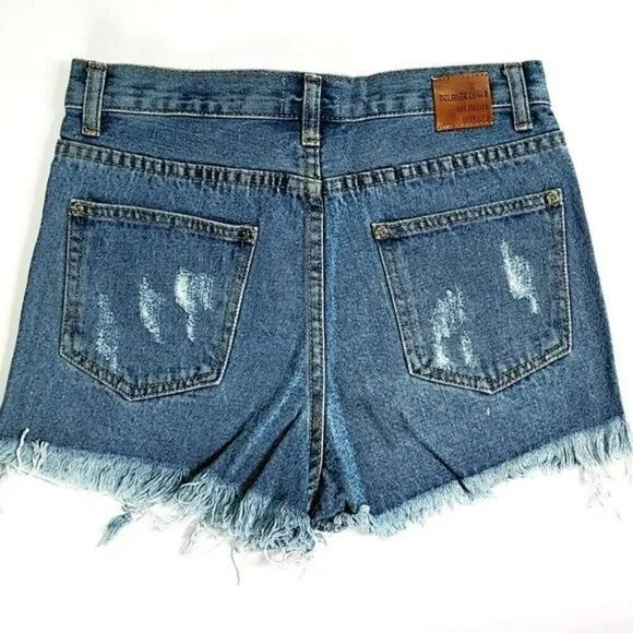 NWT POL Women's High Rise Destructed Frayed Hem Denim Shorts