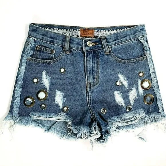 NWT POL Women's High Rise Destructed Frayed Hem Denim Shorts