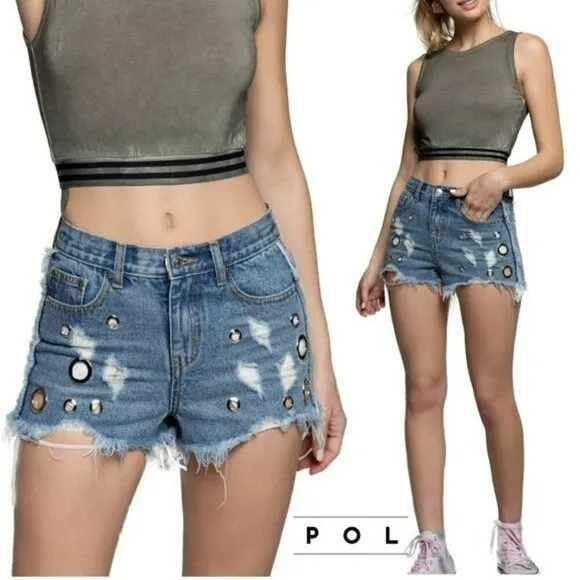 NWT POL Women's High Rise Destructed Frayed Hem Denim Shorts