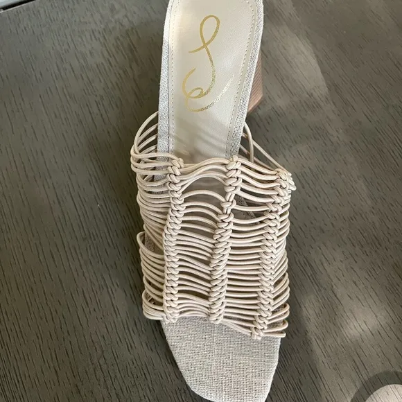 NWT SAM EDELMAN | CREAM LAURETTE WOVEN FAUX LEATHER SUMMER MULE HEELS | SIZE 8