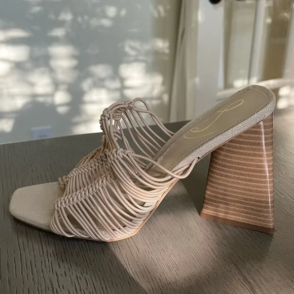 NWT SAM EDELMAN | CREAM LAURETTE WOVEN FAUX LEATHER SUMMER MULE HEELS | SIZE 8