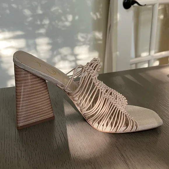 NWT SAM EDELMAN | CREAM LAURETTE WOVEN FAUX LEATHER SUMMER MULE HEELS | SIZE 8