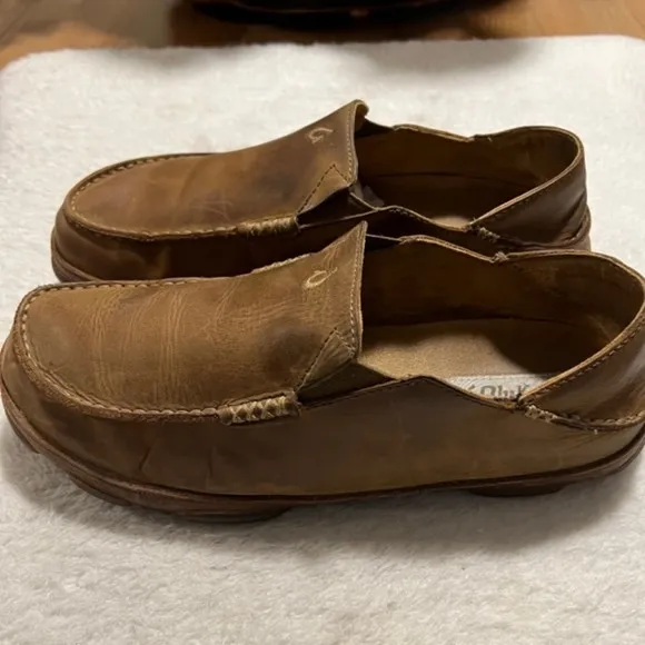 Olukai Mens US Sz 10M Moloa Brown Leather Slip On Loafer Shoes