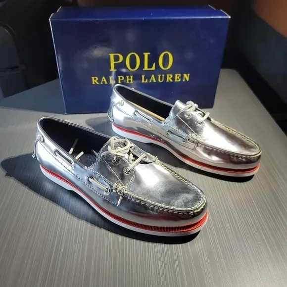 Polo‎ Ralph Lauren Merton Silver Metallic Leather Boat Shoes Men's US Size 10 D