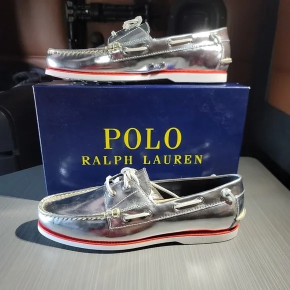 Polo‎ Ralph Lauren Merton Silver Metallic Leather Boat Shoes Men's US Size 10 D