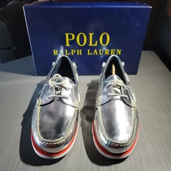 Polo‎ Ralph Lauren Merton Silver Metallic Leather Boat Shoes Men's US Size 10 D