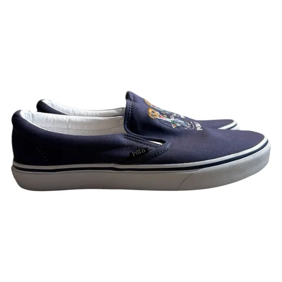 Polo Ralph Lauren Navy Blue Keaton Canvas Slip on Madras Bear Deck Shoes 10.5