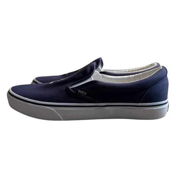 Polo Ralph Lauren Navy Blue Keaton Canvas Slip on Madras Bear Deck Shoes 10.5