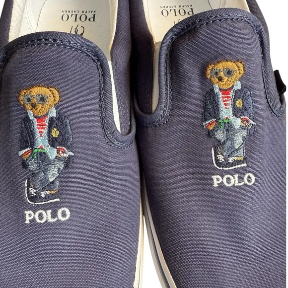 Polo Ralph Lauren Navy Blue Keaton Canvas Slip on Madras Bear Deck Shoes 10.5