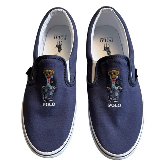 Polo Ralph Lauren Navy Blue Keaton Canvas Slip on Madras Bear Deck Shoes 10.5