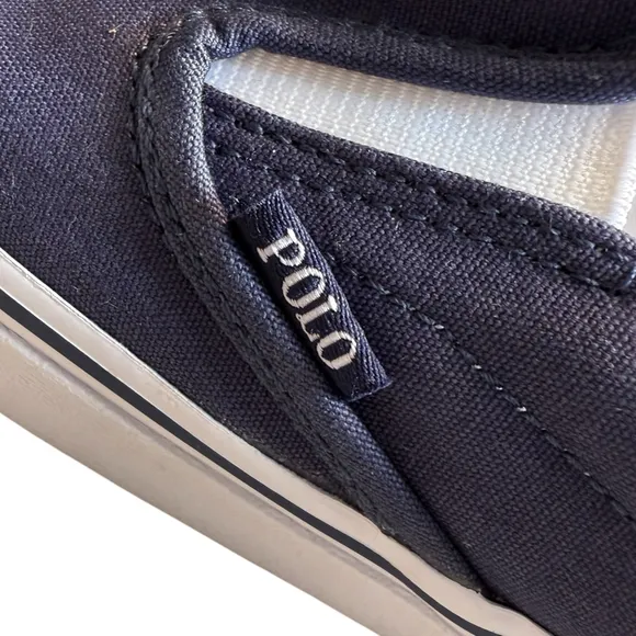 Polo Ralph Lauren Navy Blue Keaton Canvas Slip on Madras Bear Deck Shoes 10.5