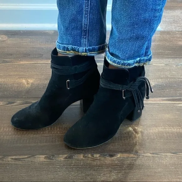 rag &amp; bone Black Genuine Suede Leather Lined Suede Straps Studs Ankle Boots