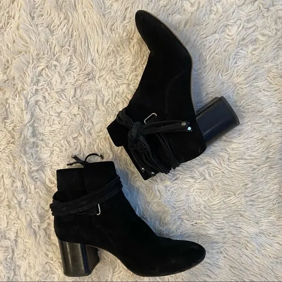 rag &amp; bone Black Genuine Suede Leather Lined Suede Straps Studs Ankle Boots