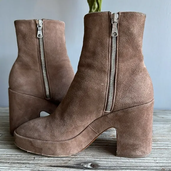 Rag &amp; Bone Fei Platform Ankle Boots Praline Suede TanZip Block Heel size 36