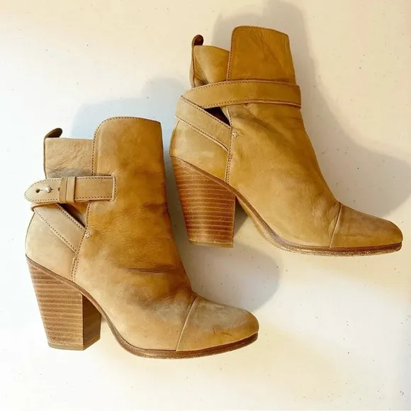 Rag &amp; Bone Kinsey Waxed Suede Bootie Ankle Boots Tan Brown Leather Straps 36.5