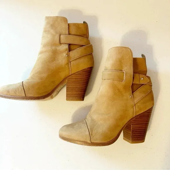 Rag &amp; Bone Kinsey Waxed Suede Bootie Ankle Boots Tan Brown Leather Straps 36.5