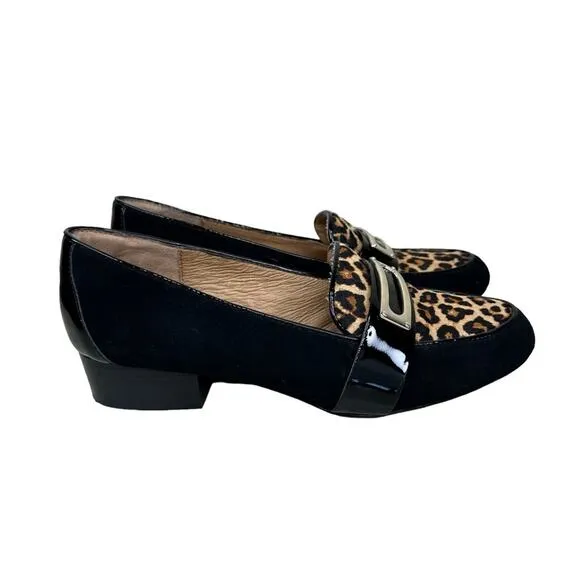 Sofft Black Suede Patent Leather Cowhair Front Buckle Slip-On Loafer Size 9